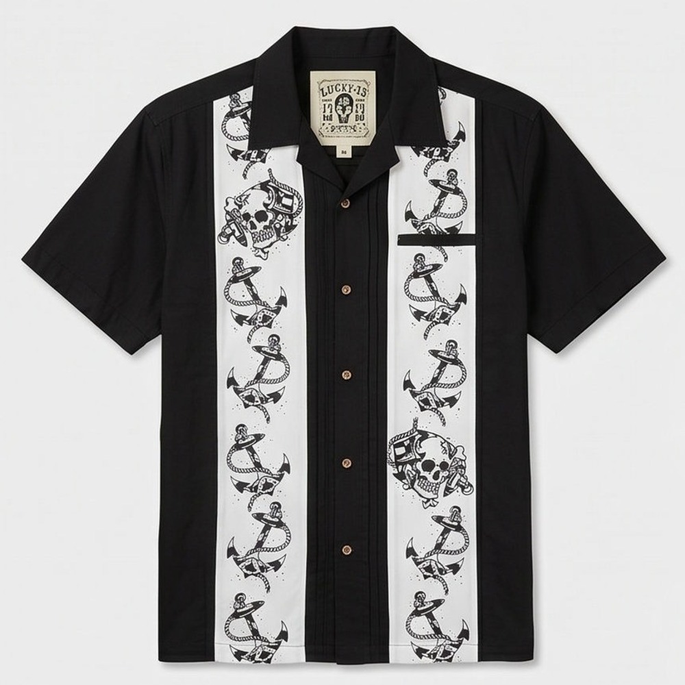 Lucky 13 Mens M Anchor Skull Bowling Shirt Black Rayon Button Up Medium